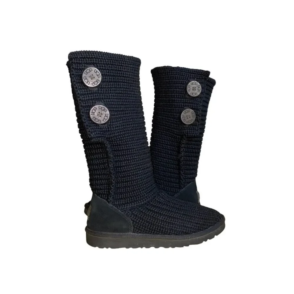 Ugg Classic Cardy Chunky Ribbed Knit & Suede Black Convertible Pull-On Boots